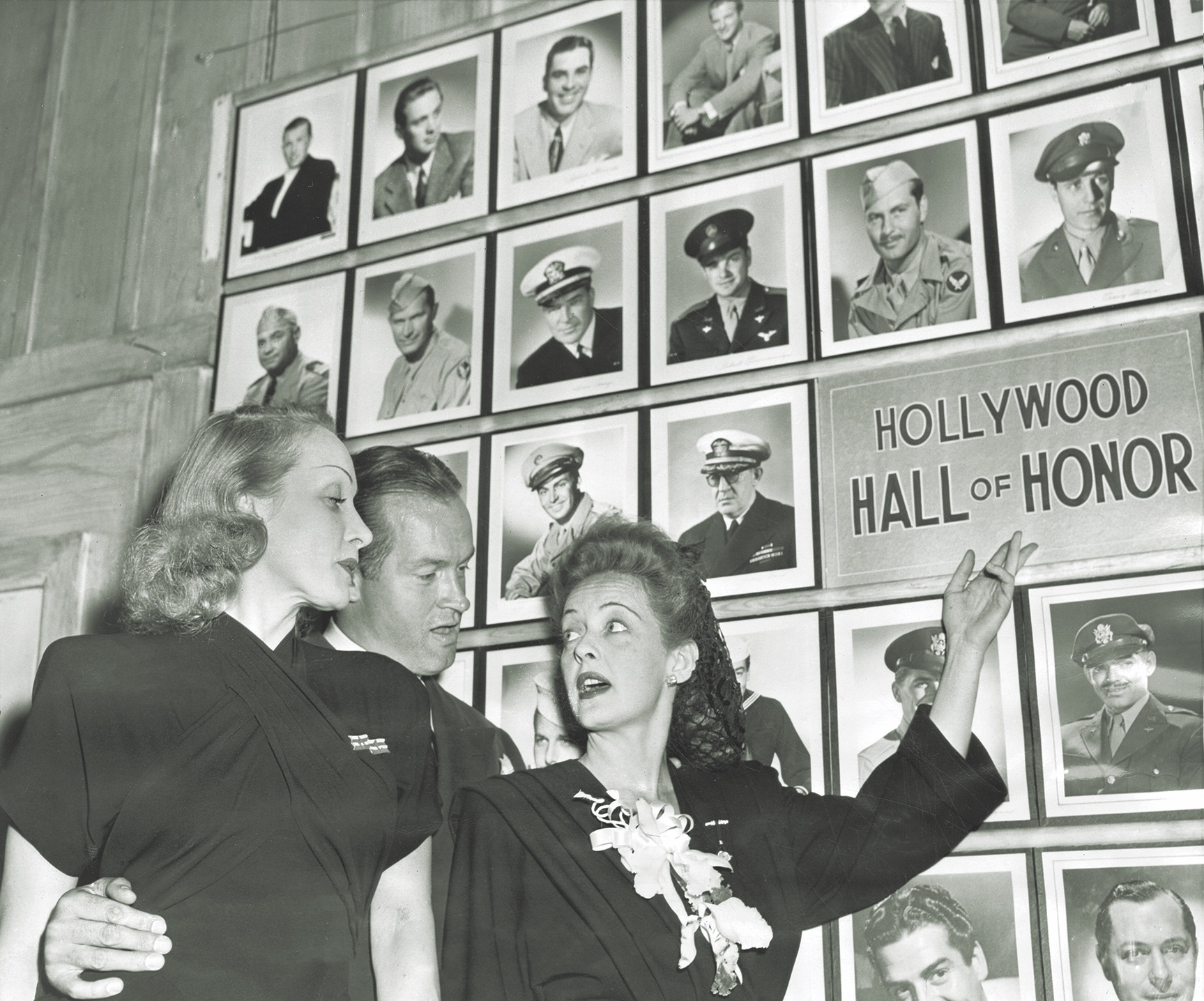Bette Davis shows the Hollywood Canteen’s Hall of Honor to Marlene Dietrich and Bob Hope in 1943. (Herald Examiner Collection/Los Angeles Public Library)