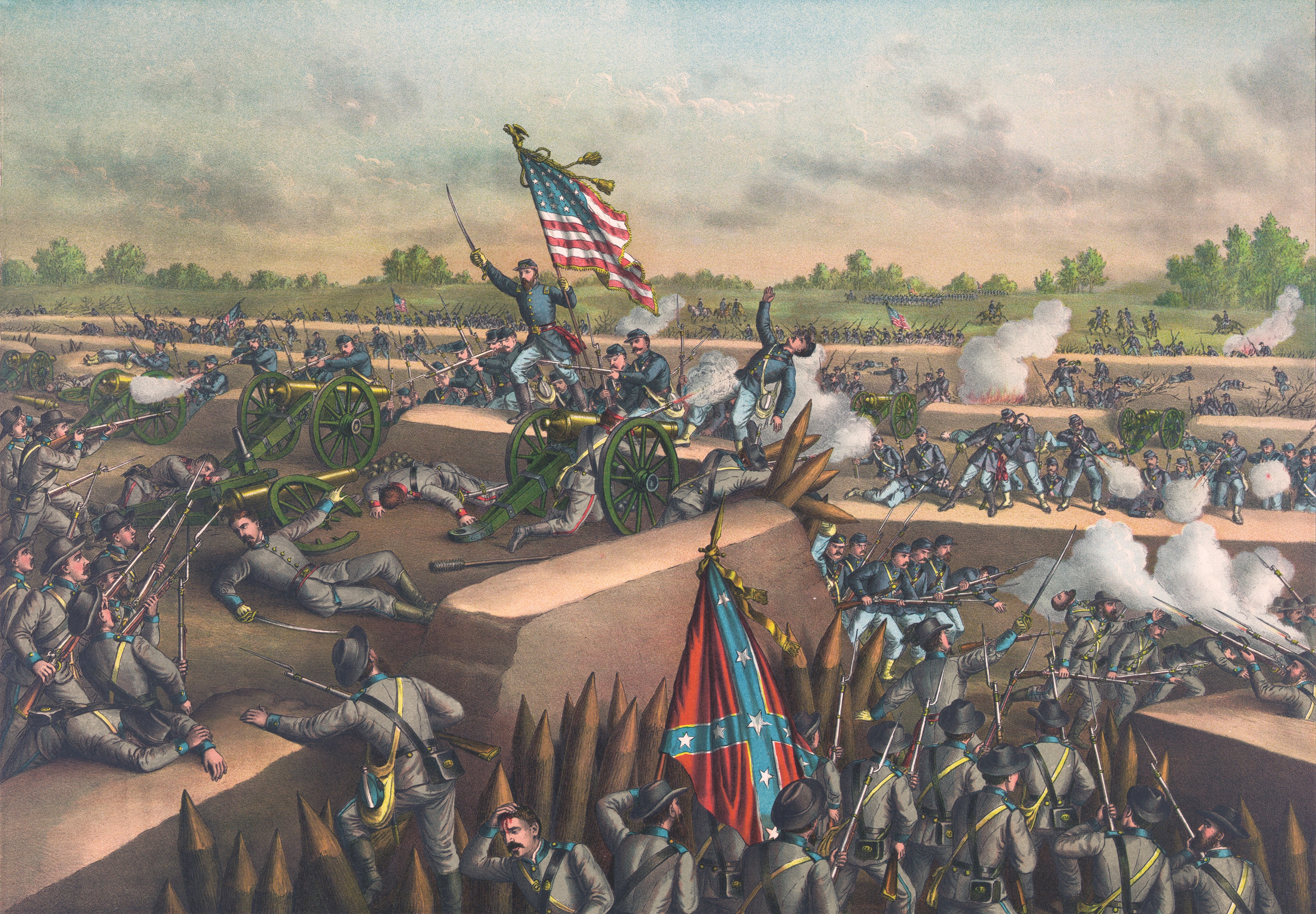 This stylized lithograph, produced by the firm of Kurz and Allison in the mid-1880s, shows waves of Union solders attacking the Confederate fortifications at Petersburg on April 2, 1865. (Library of Congress)