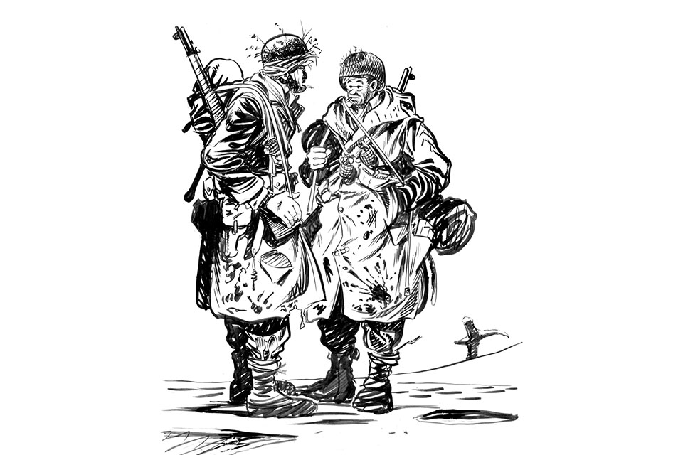 This cartoon from January 1945 plays on ordinary civilian concerns about self-presentation in public to highlight both Willie and Joe’s disheveled and grimy appearance and their dependence on alcohol to cope with the trauma of war. It was precisely this kind of cartoon that rankled the spit-and-polish General Patton. (Originally published in Stars and Stripes, 1945).