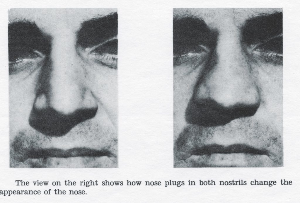 In 1944, Jones and the Field Photographic Branch produced the secret “Personal Disguise” manual, with detailed instructions on how agents in the field could affect their appearance. For example, with nose plugs or pads of paper tucked under his lips, an OSS man could easily alter his facial features. (National Archives)
