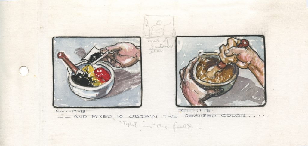 Jones created a unique skin rub composed of red, yellow, and black iron oxide powders which, when blended in various proportions, could produce different camouflaging flesh tones. The storyboard for his “War Paint” training film demonstrates how to mix the powders in the field. (National Archives)
