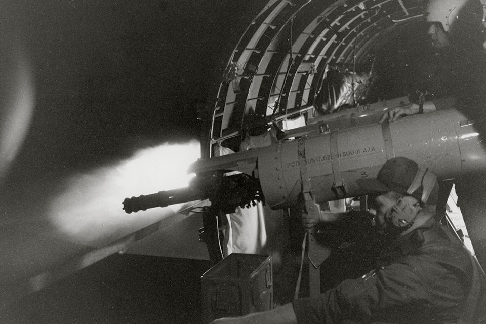 An AC-47’s miniguns, each firing at a rate of 6,000 rounds per minute, unleash on Viet Cong positions. (U.S. Air Force)