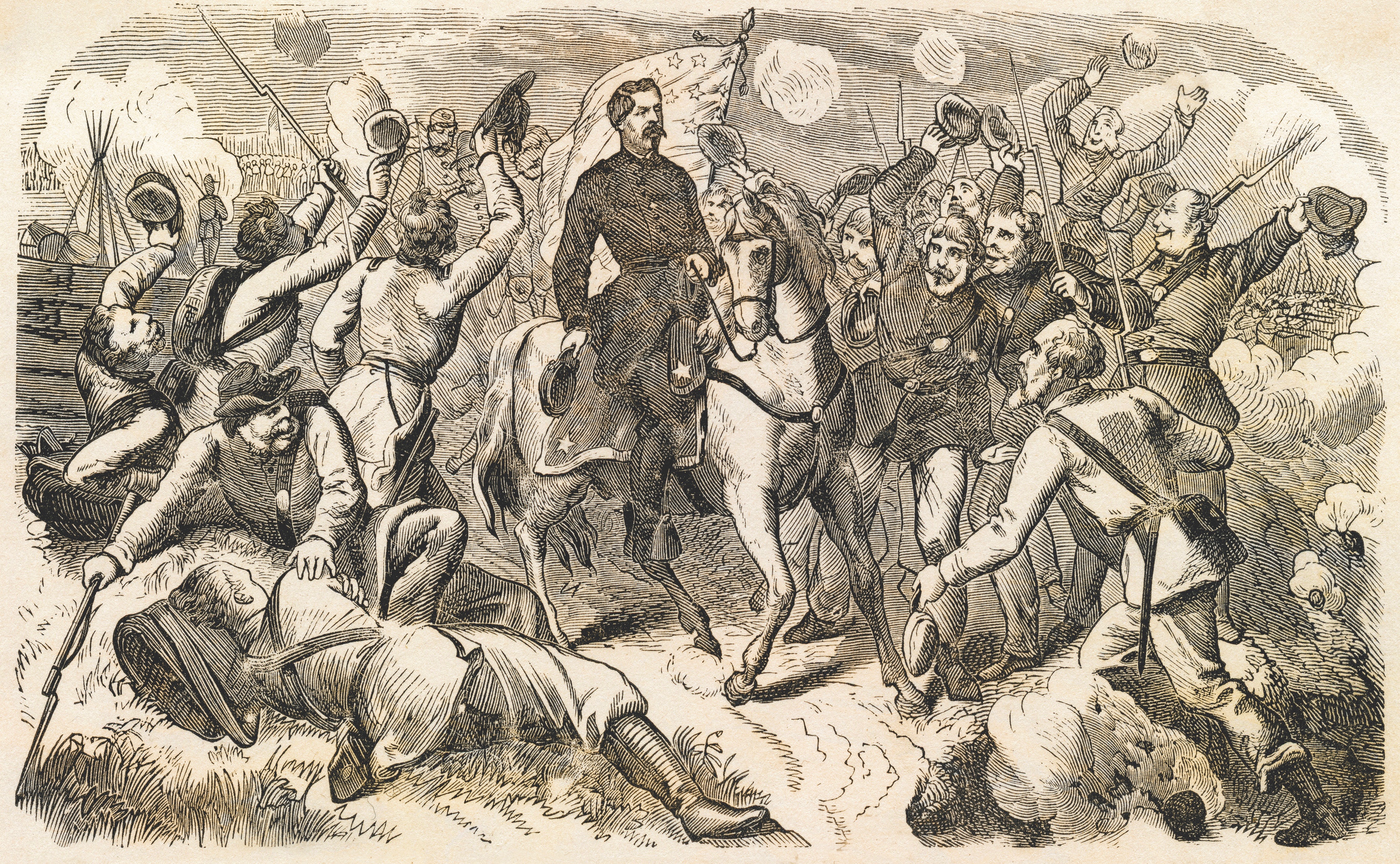 This illustration depicts a scene from the spring 1862 Peninsula Campaign, but similar incidents of McClellan adoration occurred when he rode near the Antietam front. (Our Boys)