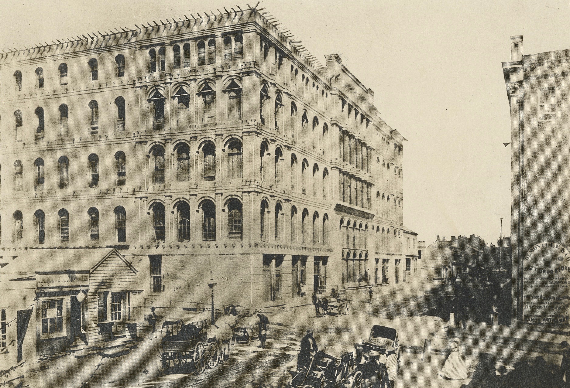 Although the Maxwell House Hotel looks complete in this image taken at the end of the war, it was really just a shell with a temporary interior. That interior collapsed on September 29, 1863, killing and injuring dozens of Confederate prisoners held there. (Courtesy of Tennessee State Library and Archives)