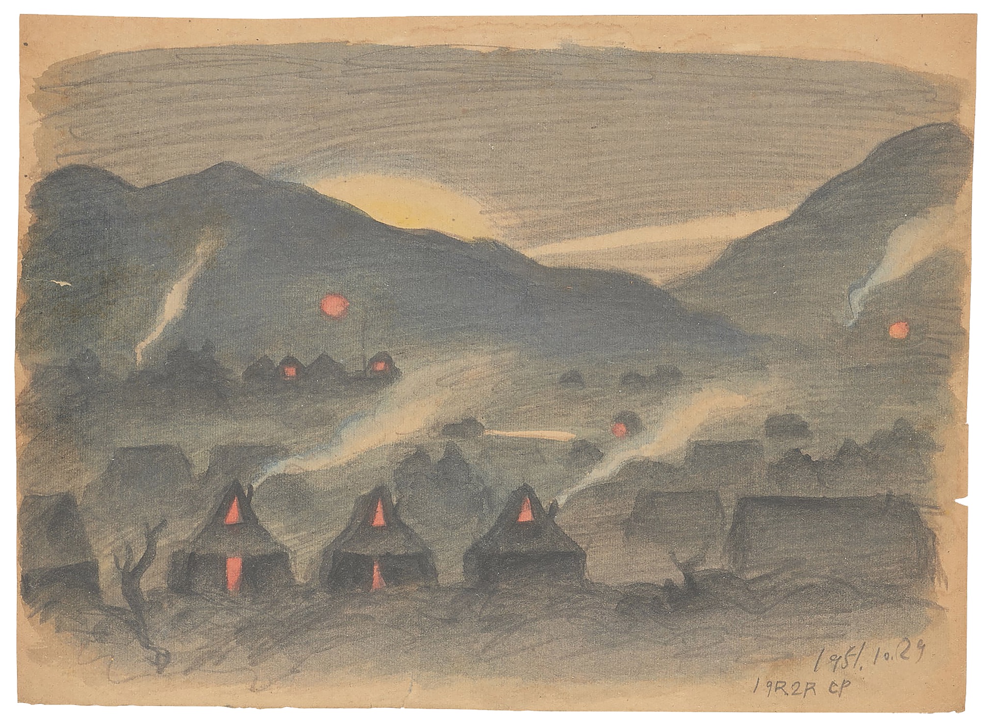 As an official war artist for the South Korean Ministry of Defense, Kim spent time near the front line, where he made this watercolor, Observation Post of 1st Battalion 19th Regiment. (National Museum of Modern and Contemporary Art, Korea)