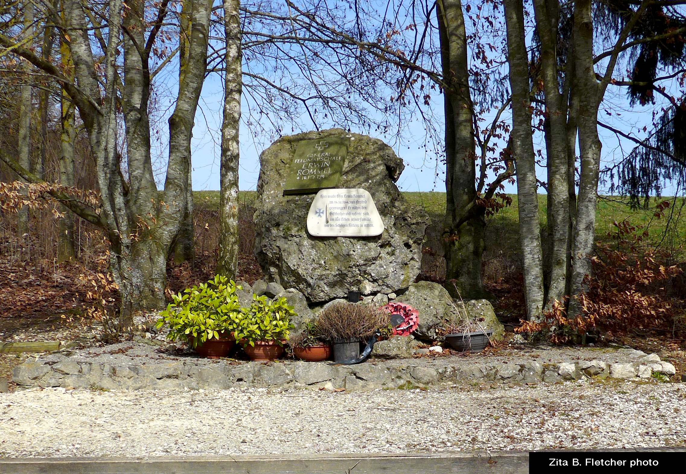 Veterans from former Allied countries have left tributes to Rommel at this stone memorial marking the site of his death.