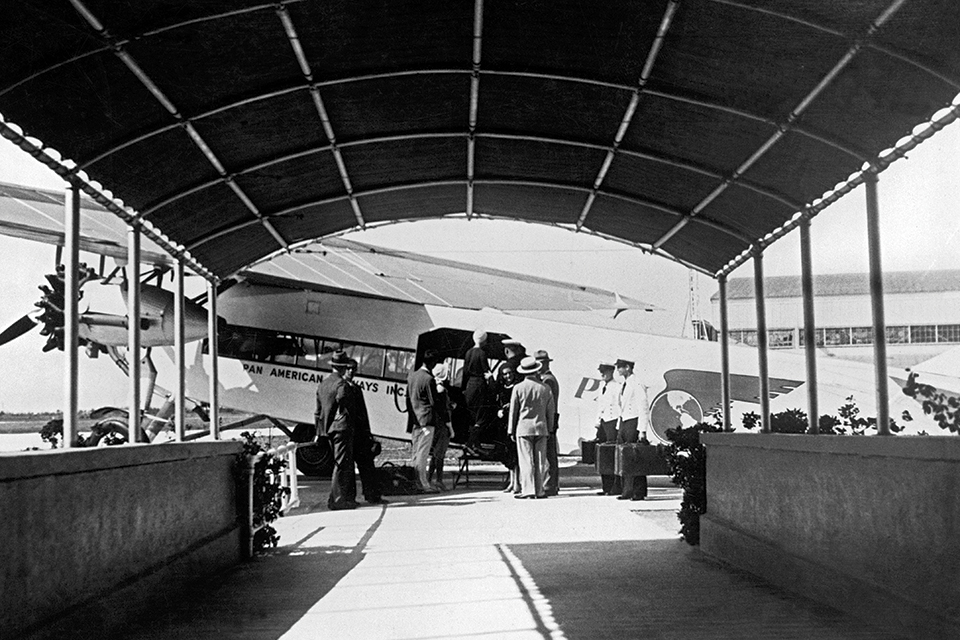 Passengers board a Pan American Ford Tri-Motor for a 1927 flight from Miami to Havana, Cuba. (Underwood Archives/Getty Images)