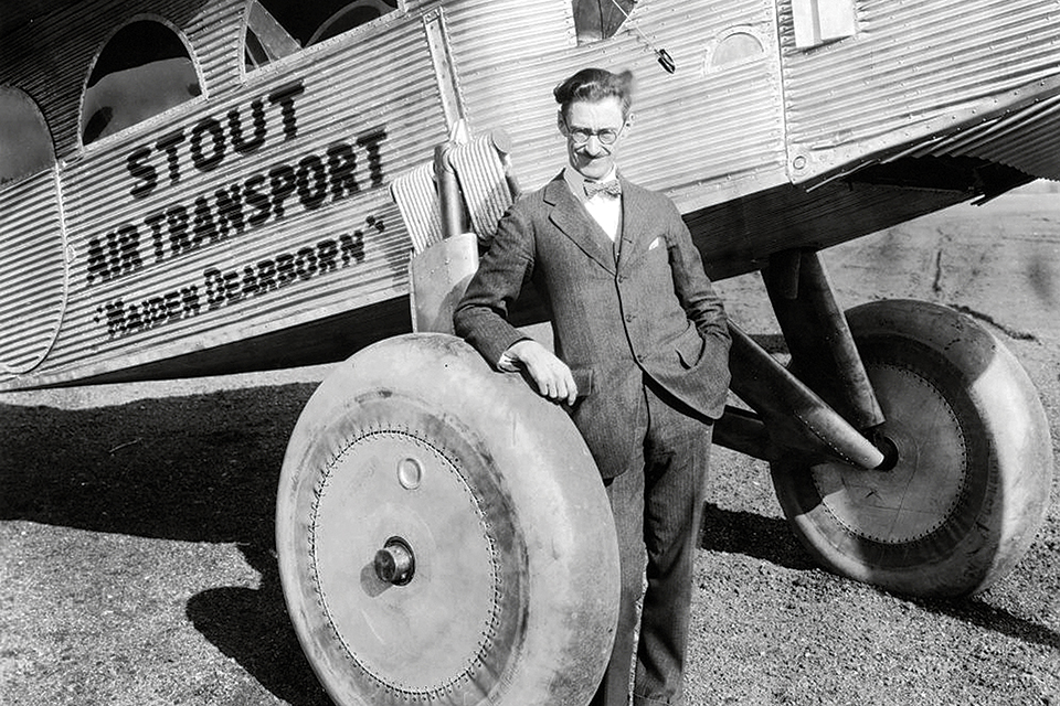 Bill Stout, head of the Stout Metal Airplane Company, poses in front of his single-engine 2-AT airliner "Maiden Dearborn," an underpowered ancestor of the Tri-Motor known as the Air Pullman. (San Diego Air & Space Museum Archives)
