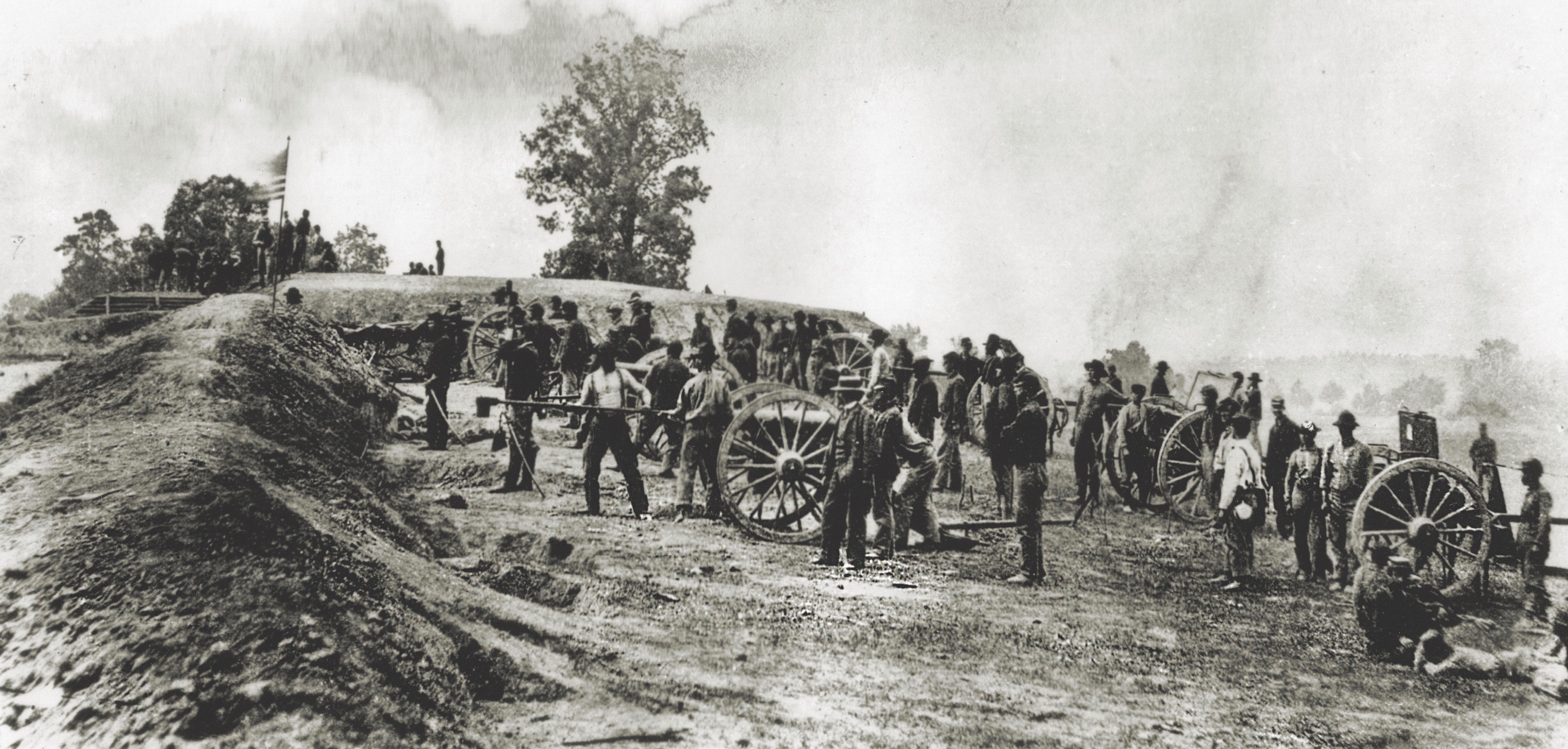 The 12th New York, shown in captured Confederate Battery 8, part of the Dimmock Line defending Petersburg, Va. A vigorous attack by the 22nd U.S. Colored Troops overran the battery on June 15, 1864. (Afro American Newspapers/Gado/Getty Images)