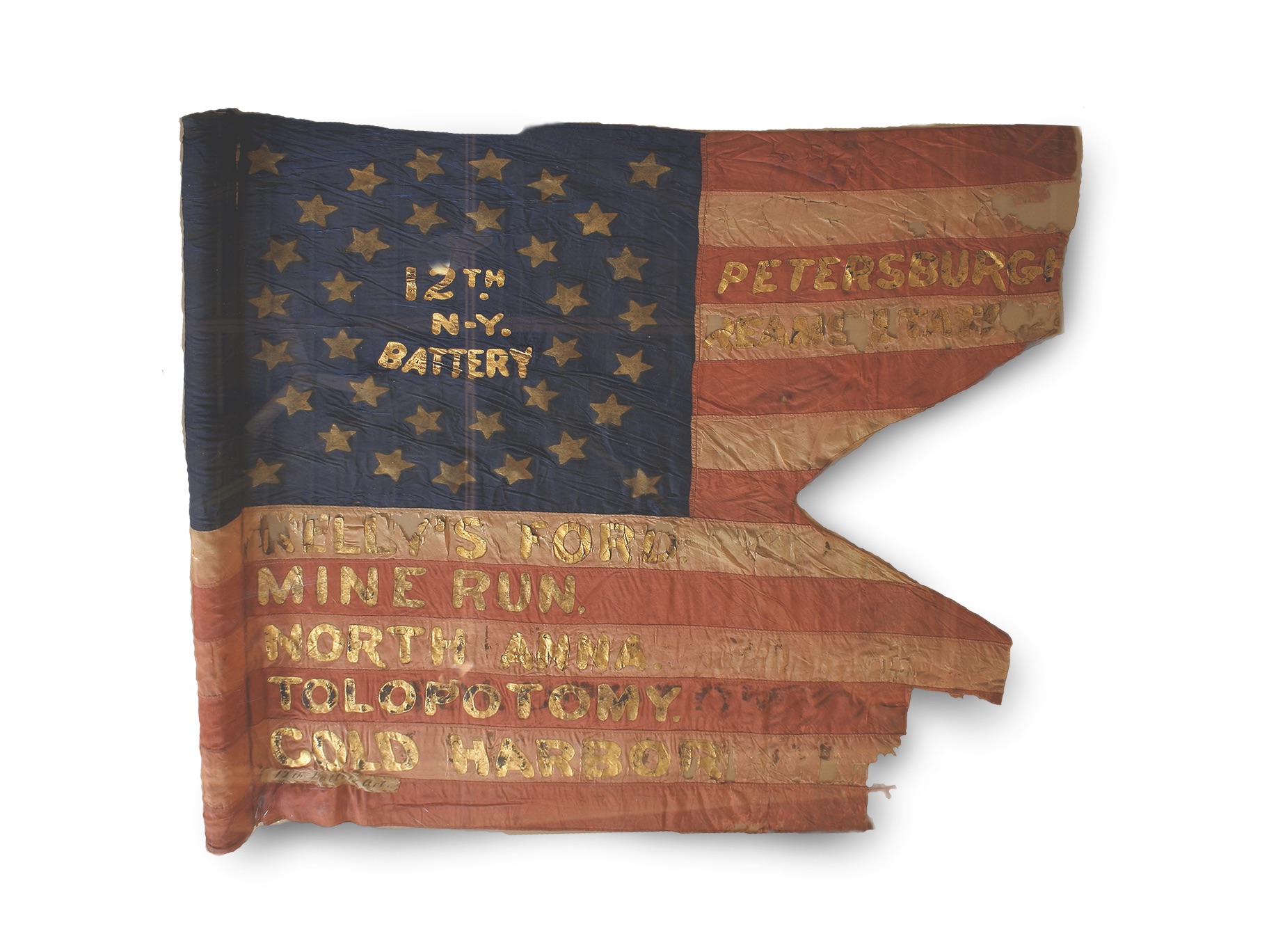 The 12th New York’s guidon displays the battery’s many engagements during the war, including battles at North Anna, Tolopotomy, and Cold Harbor that preceded Conklin’s capture at Jerusalem Plank Road. (Don Troiani/Bridgeman Images)