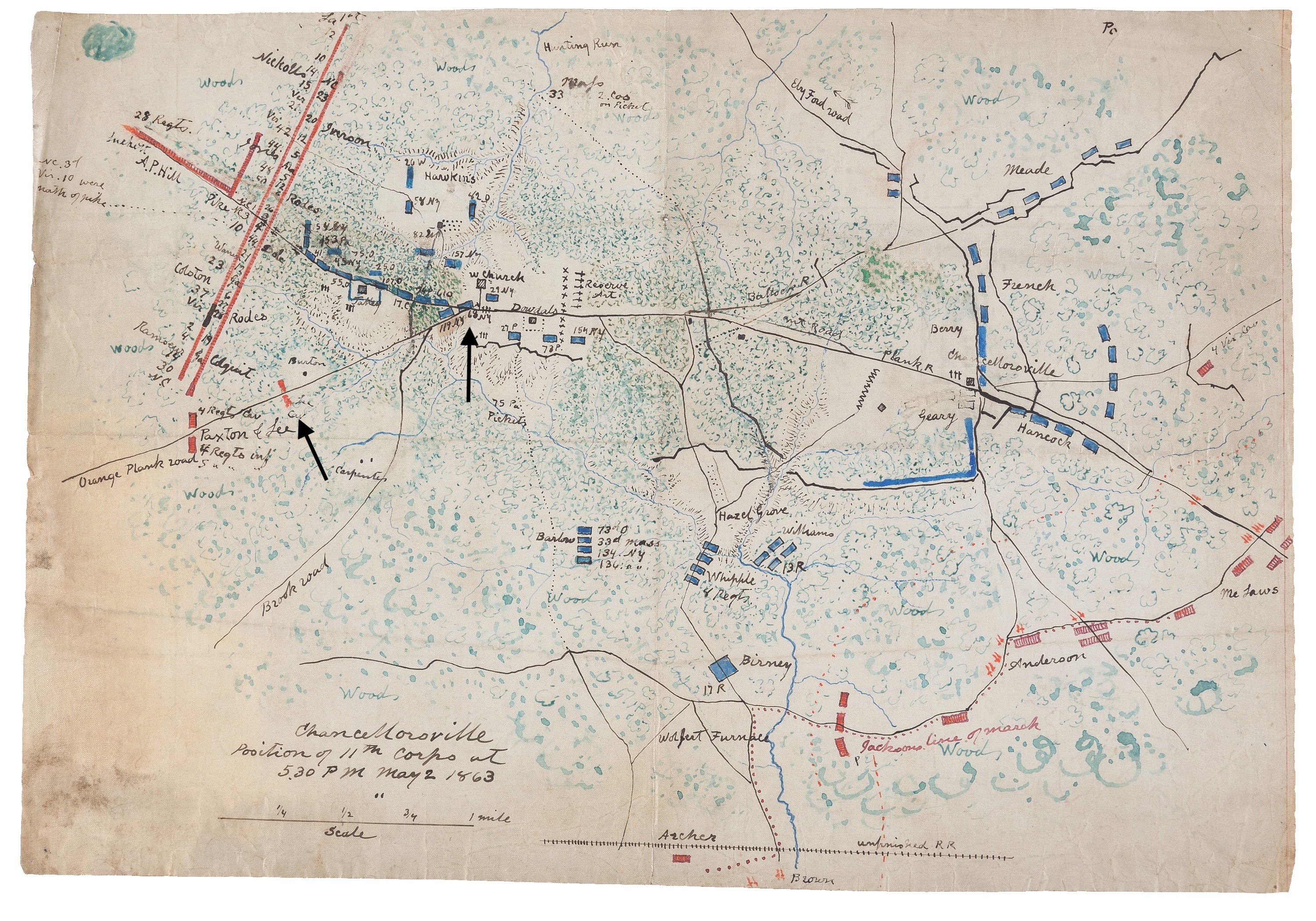 May 2, 1863 Von Fritsch’s bad day at Chancellorsville began when he left the location of the 68th New York at the intersection of the Orange Plank Road and the Orange Turnpike, circled, and headed southwest. He ran into Confederate cavalry pickets, also circled, and had to quickly turn around and spur his horse for the safety of his own lines. (Library of Congress)