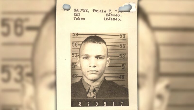 Thiele Fred Havey, pictured Jan. 8, 1943, seven days after enlisting in the Marine Corps. (Photo: National Archives; Illustration: Jared Morgan/Military Times)