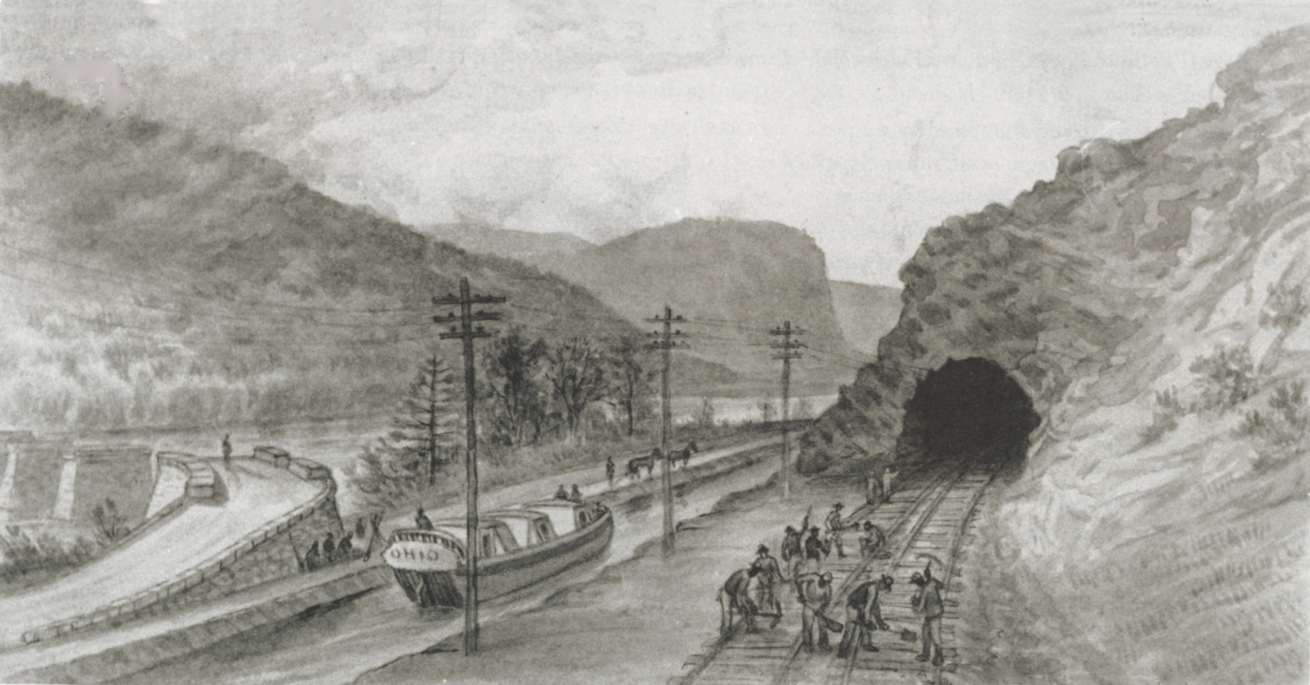 A sketch of Federal soldiers working on the B&O Railroad at Point of Rocks, Md. A canal boat, such as Flying Cloud, heads upriver toward Harpers Ferry, Lock 28 and Paton Island are just out of sight, around the bend. The ruined bridge over the Potomac River can be seen at left. (Courtesy of the Western Reserve Historical Society)