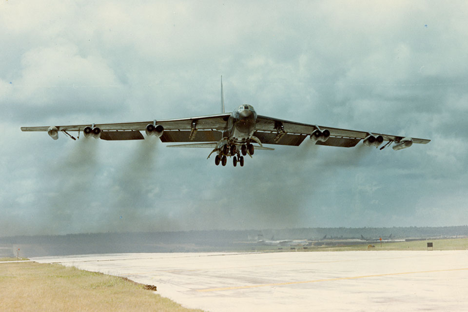 A fully loaded “BUFF” takes off from Andersen Air Base, which had 53 B-52Ds and 99 B-52Gs on station when Linebacker II started. (U.S. Air Force)