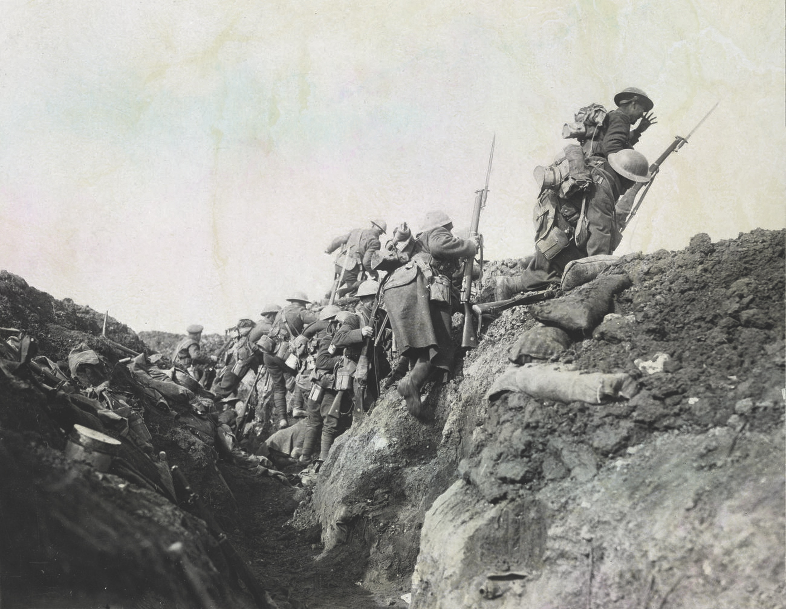 This photograph purported to show British troops going “over the top” in the Battle of the Somme, where Empey was wounded, but it was actually taken during a behind-the-lines training exercise. (Imperial War Museums)