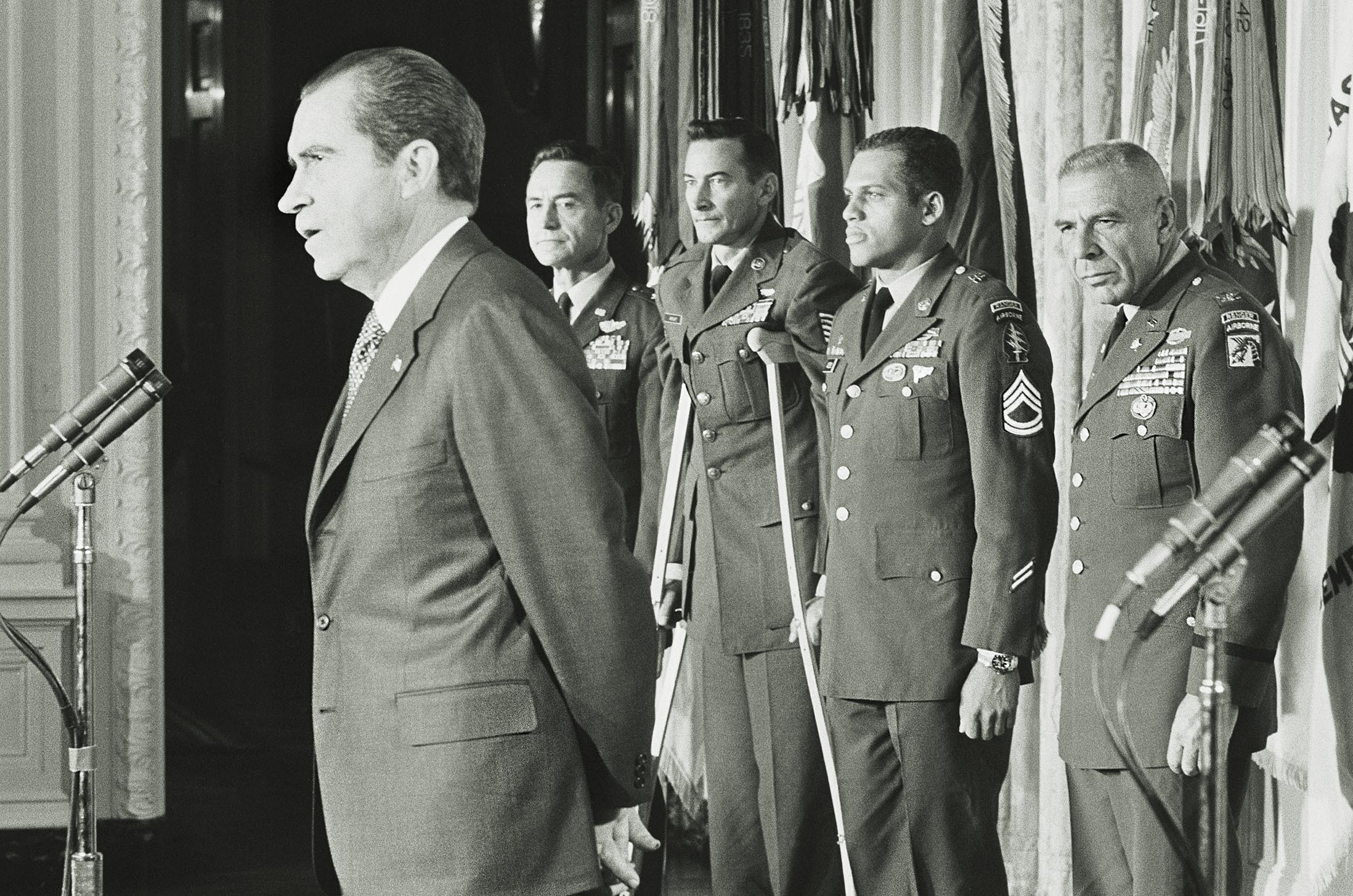 President Richard Nixon honors the Son Tay raiders during an awards ceremony on Nov. 25, 1970. From left are Brig. Gen. LeRoy Manor, Tech. Sgt. Leroy Wright, Sgt. 1st Class Tyrone Adderly and Col. Arthur Simons.