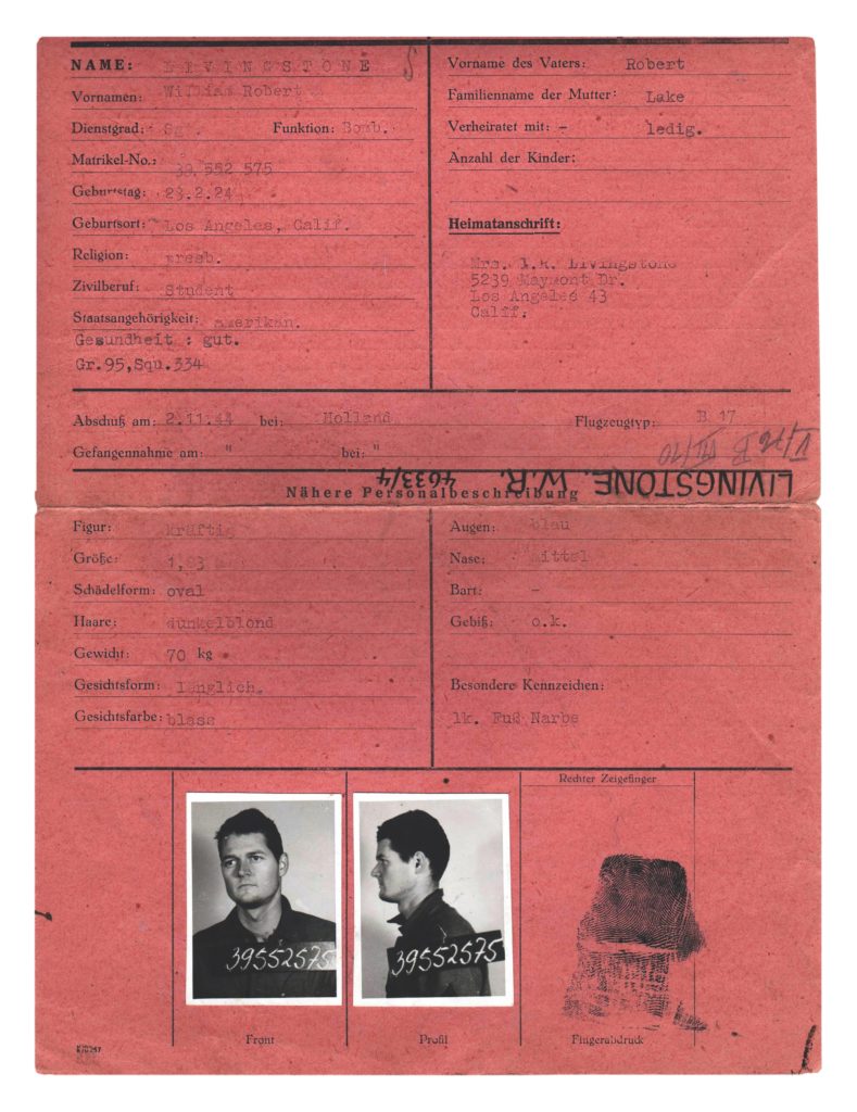 A typically detailed German POW identification card notes Livingstone’s mother’s maiden name, that his nose is medium-sized, and that he has a kräftig—powerful—build. (Courtesy of Bill Livingstone)