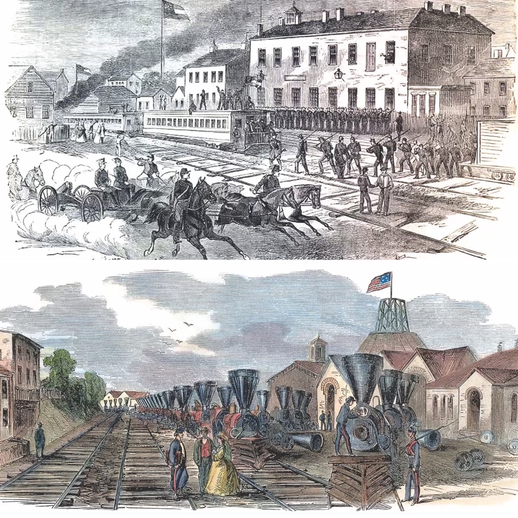 Martinsburg faced a constant threat of Confederate raids. These drawings, dated 1861, show Rebel soldiers riding through town (top) and dismantling captured locomotives (above). (Harper’s Weekly; Granger, NYC)
