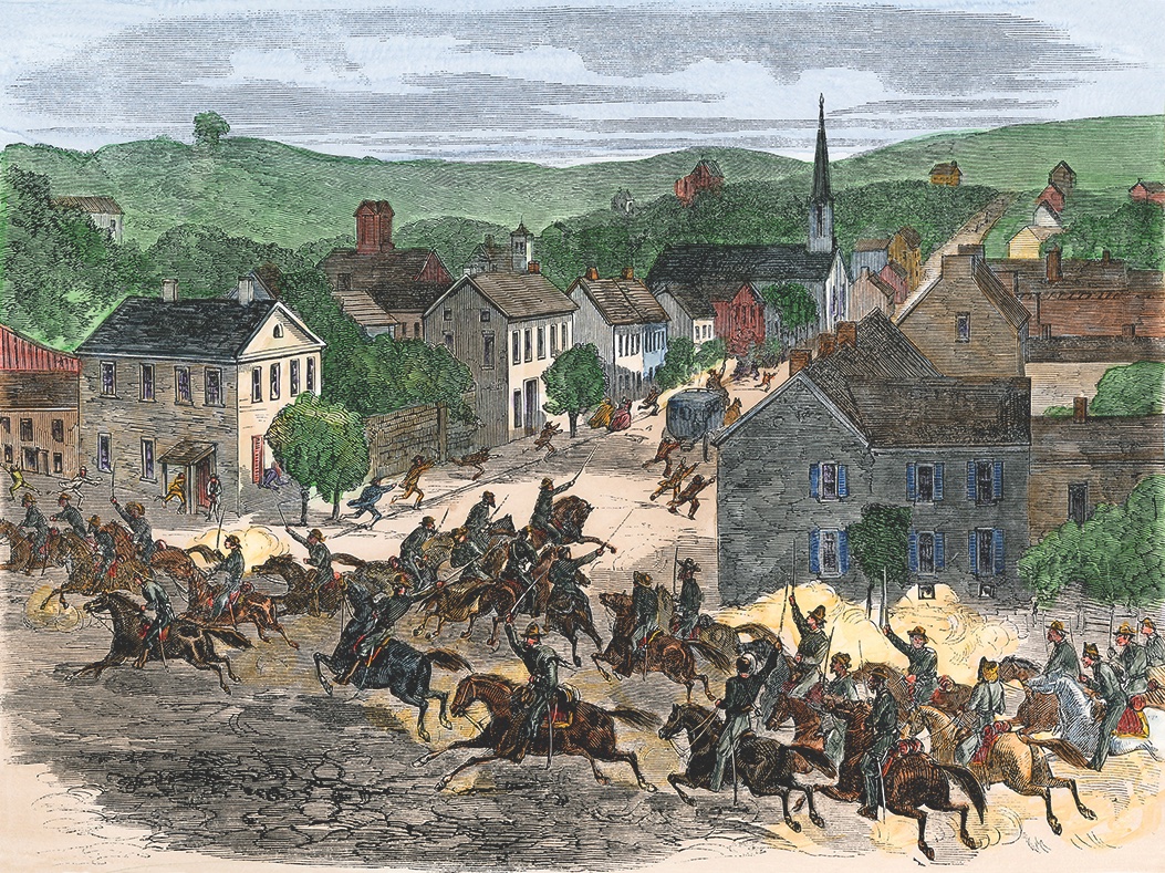 Citizens of Old Washington, Ohio, scatter as Morgan’s Raiders—so-called Freebooters—swarm through town during Morgan’s devastating raid of June-July 1863. (North Swind Picture Archives/Alamy Stock Photo)