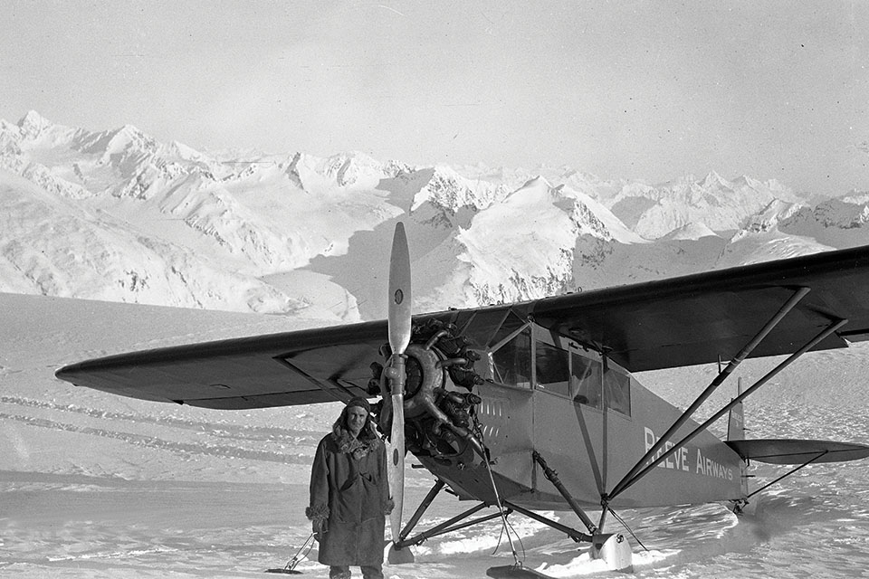 Bob Reeve poses on the mile-high snowfield that served as an airfield for Alaska’s Big Four Mine. (Russ Dow Papers, Archives and Special Collections, Consortium Library, University of Alaska, Anchorage)
