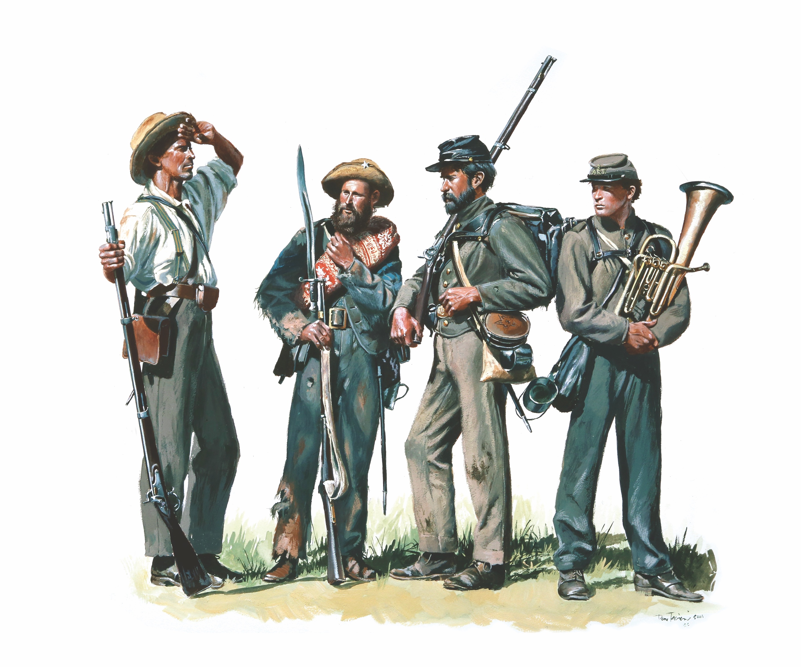 This vignette by modern artist Don Troiani portrays men of the 1st, 4th, 5th Texas, and 3rd Arkansas (also in the Texas Brigade) as they appeared during the Gettysburg Campaign. The soldier with the red blanket roll carries an English- made rifle with a sword bayonet, often issued to sergeants or corporals. The Texans always seemed to end up in hot spots. At Antietam, they fought in the Cornfield, and they charged Little Round Top at Gettysburg. 