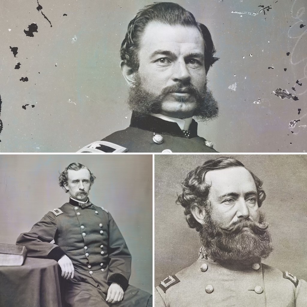 Counterclockwise from top: Union brigadier general Alfred T. A. Torbert commanded one of two cavalry divisions; Union brigadier general George Armstrong Custer; Confederate major general Wade Hampton III came out on top at Trevilian Station. (Library of Congress)