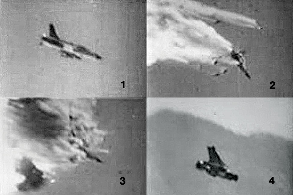 Grainy film footage captures the destruction of an F-105D piloted by Major Robert L. Chastain while he tested a new electric proximity fuze at Nellis Air Force Base in December 1968. (Courtesy of John Lowery)