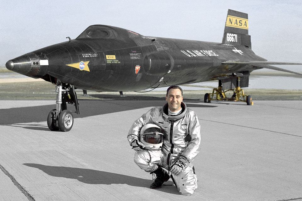 Pete Knight poses with the rebuilt X-15A-2. (NASA)