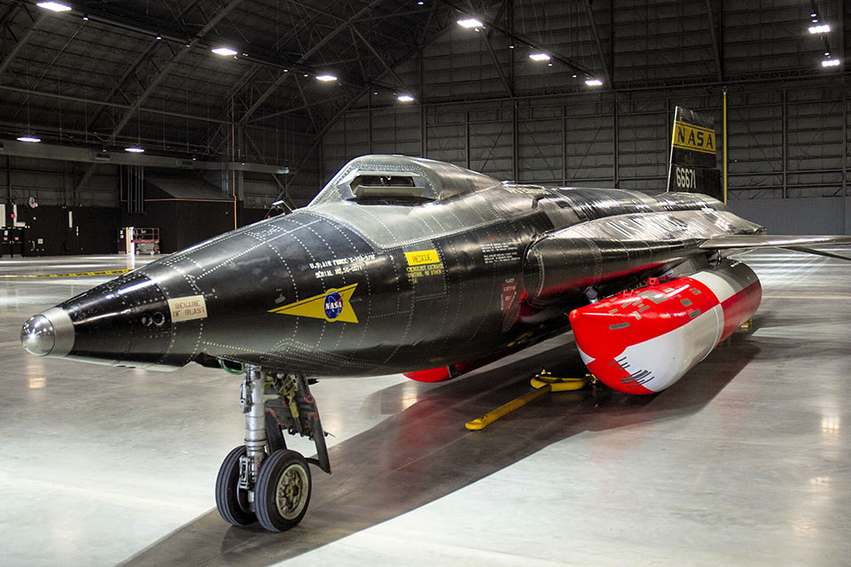The X-15A-2 takes its place in the fourth building of the National Museum of the U.S. Air Force in October 2015. Note the open “eyelid” covering the cockpit’s left window pane. (National Museum of the U.S. Air Force)