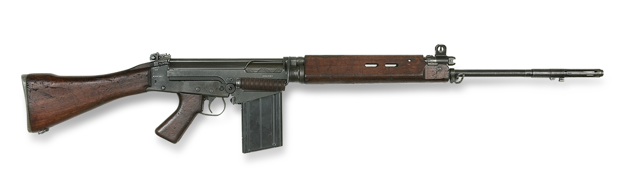 L1A1 Self Loading Rifle. Most Australian troops carried this firearm, featuring a half-length fore stock, half-exposed barrel with a flash suppressor muzzle and a bayonet lug. The weapon has a pistol grip and a detachable 20-round box magazine.