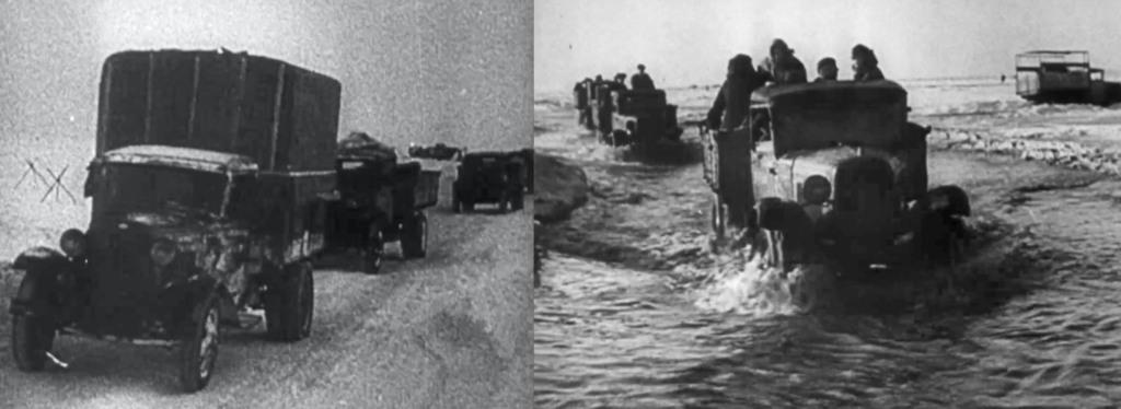 Left: Russians risked their lives to smuggle supplies and food into the city by driving across the frozen Lake Ladoga, c. 1941. Right: Despite dangers of melting ice, Russians continued to drive over the frozen lake surface in warmer weather to supply Leningrad, c. 1942. / U.S. National Archives.