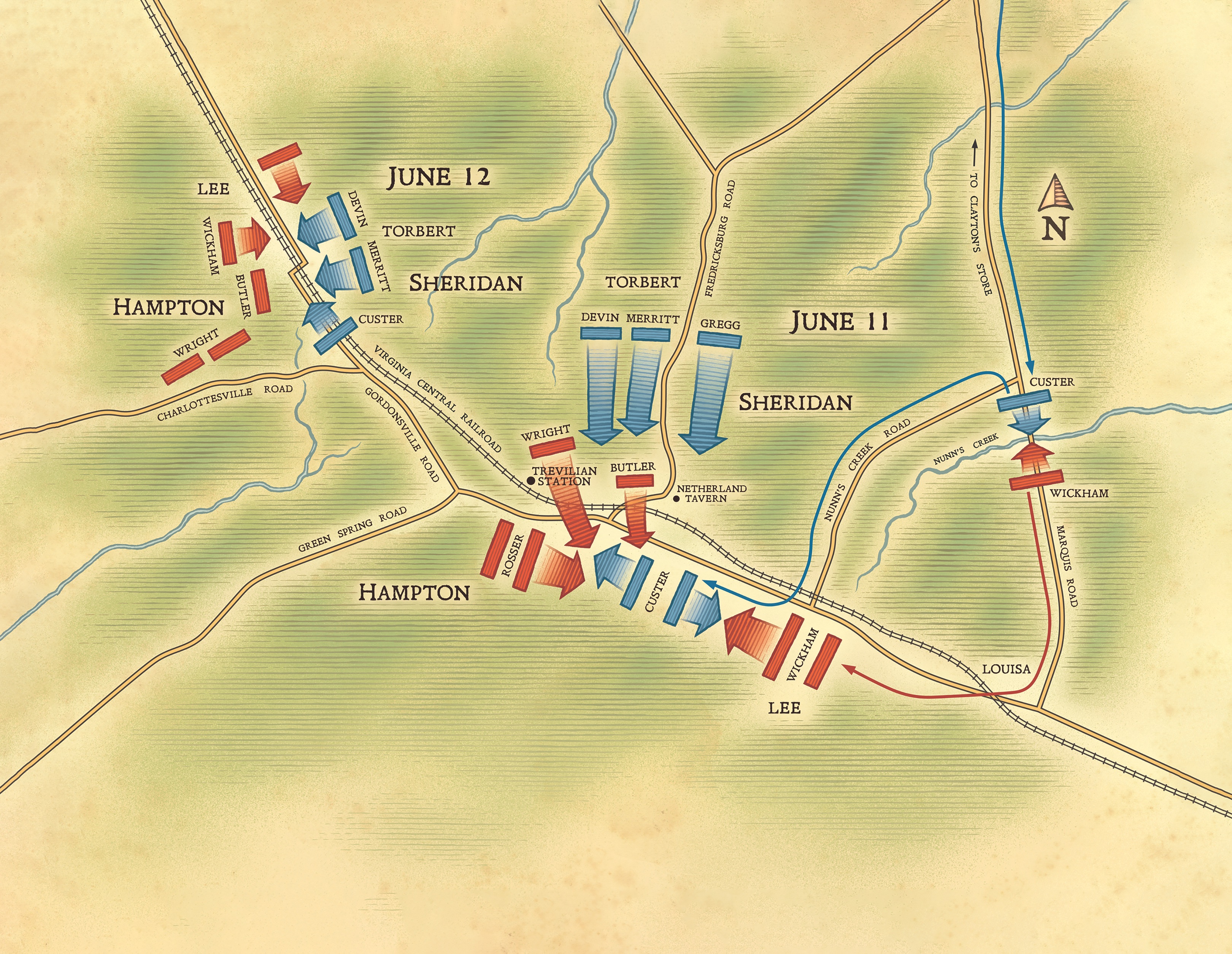 On June 8, 1864, ordered by Lieutenant General Ulysses S. Grant to destroy sections of the Virginia Central Railroad, Major General Philip Sheridan and his Union cavalry headed to Trevilian Station, Virginia. But Confederate cavalry under Major General Wade Hampton III beat Sheridan’s forces to the punch, and on June 11 the two sides fought to a standstill. The next day the two sides met again northwest of Trevilian Station, where both suffered heavy casualties as they fought into the night. In the end, Sheridan had little choice but to withdraw. (Map by Erwin Sherman)