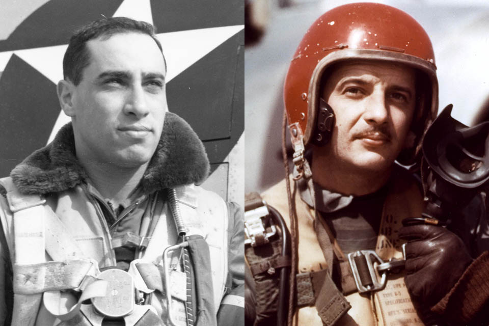 James Jabara (left) became America’s first jet ace and was also determined to be the highest-scoring pilot of the war. Latecomer Manuel J. “Pete” Fernandez Jr. (right) made ace over Korea on February 18, 1953, and kept scoring until he was ordered back to the United States. (U.S. Air Force Photos)