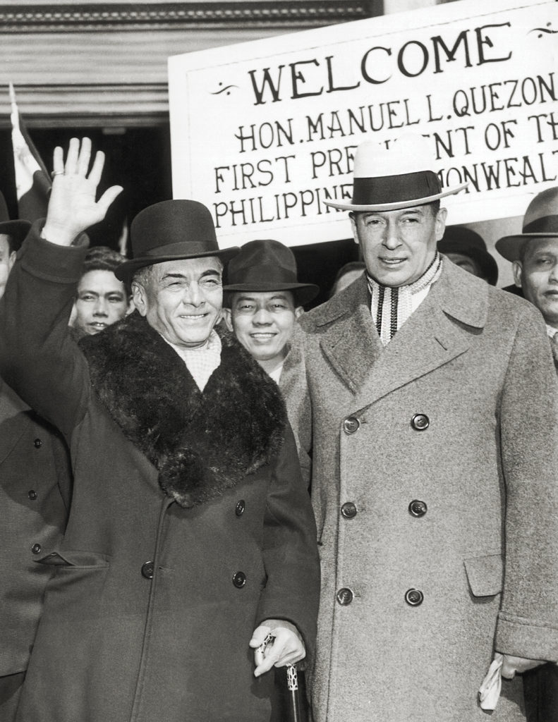 Quezon and MacArthur greet supporters in Washington, D.C., in 1937. Quezon also visited Japan that year; though the press remarked on his quest for â€œsome good Japanese foodâ€ (below), he in fact sought reassurance that Japan would spare the Philippines in the event of hostilities. (Gamma-Keystone via Getty Images)