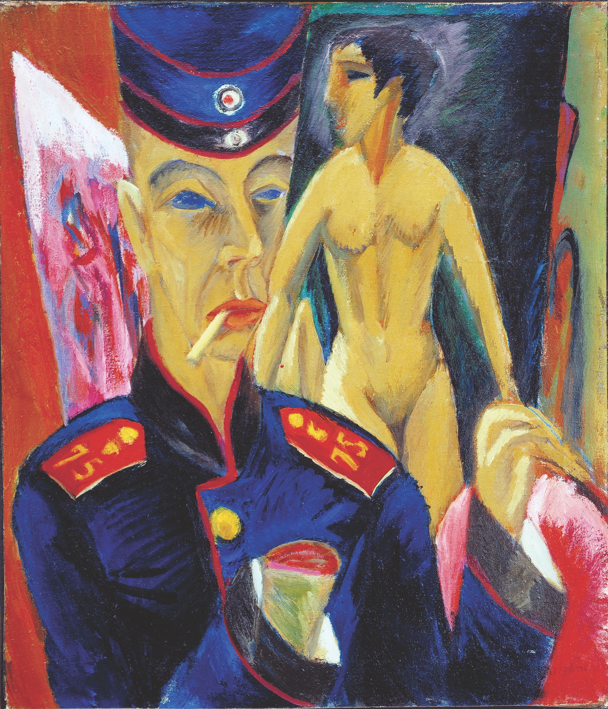 Nazi officials included Ernst Ludwig Kirchner’s Self-Portrait as a Soldier in an exhibition of “degenerate art” in Munich in 1937, retitling the work Soldat mit Dirne (Soldier with Whore). (Charles F. Olney Fund, Allen Memorial Art Museum, Oberlin College, Ohio)