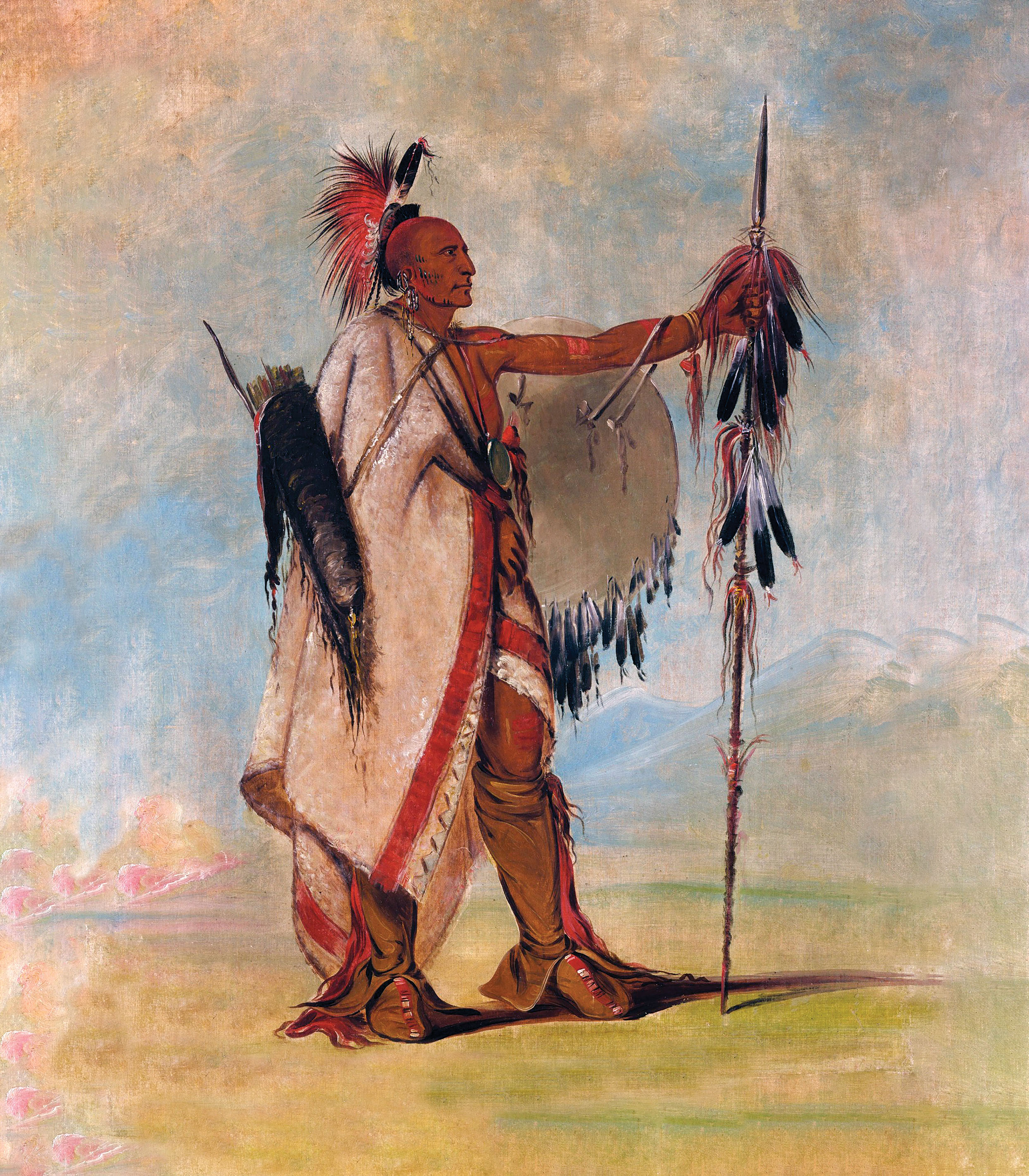 Painted by artist George Catlin in 1834, this Sauk warrior is armed with a lance, bow and quiver and carries his shield over one arm. / American Art Museum, Smithsonian Instituion