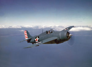 This F4F-3 Wildcat sports insignia on top of both wings, a pattern the U.S. Navy employed briefly in 1942-43. (Naval History and Heritage Command)