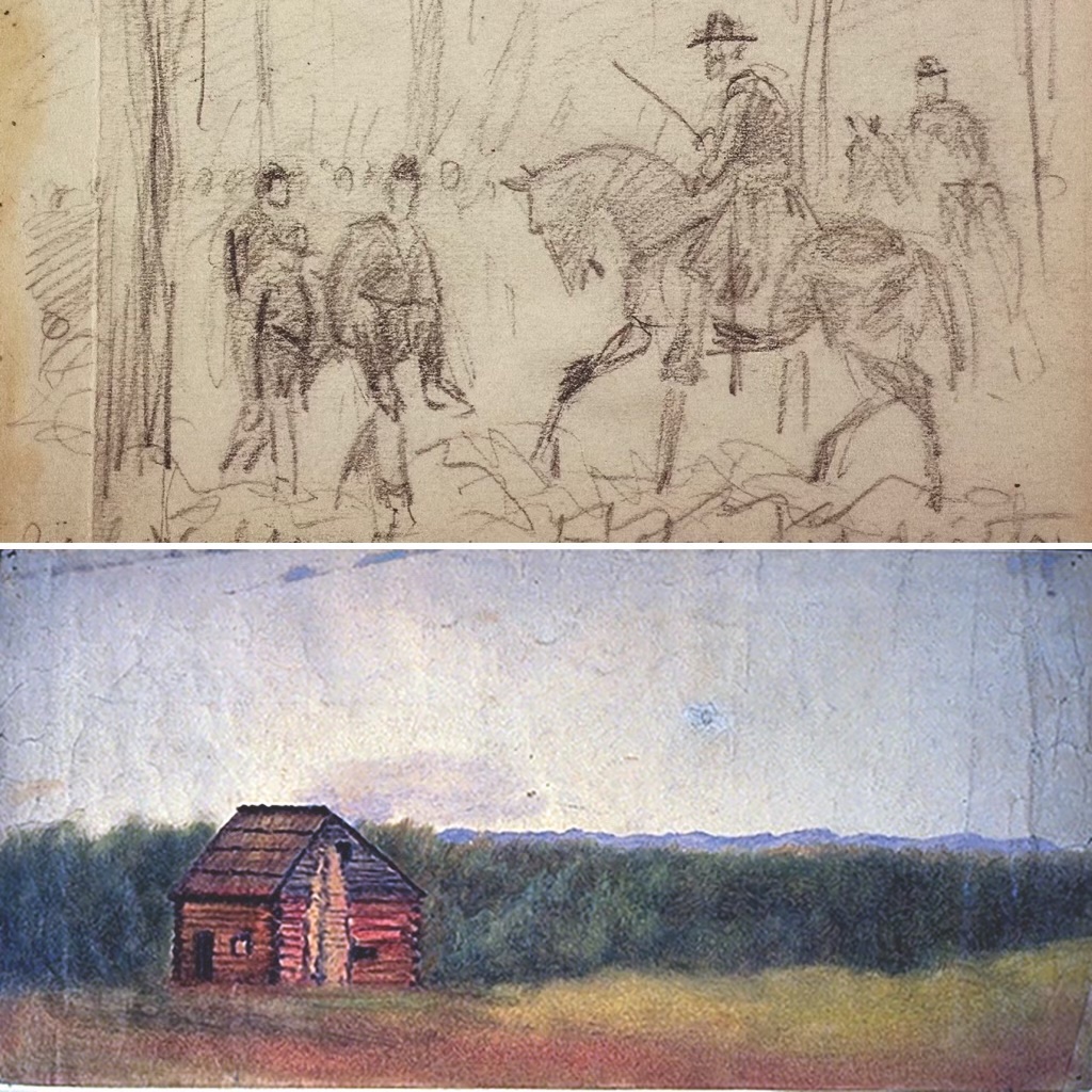 Newspaper artist Alfred R. Waud, who accompanied the Army of the Potomac during the 1864 Overland Campaign, drew this sketch of Wadsworth moments before his mortal wounding by a 4th Alabama soldier. Above: A postwar painting of the Widow Tapp House, located near the heart of the Wilderness fighting where Wadsworth was shot. (Library of Congress; Courtesy of the National Park Service)
