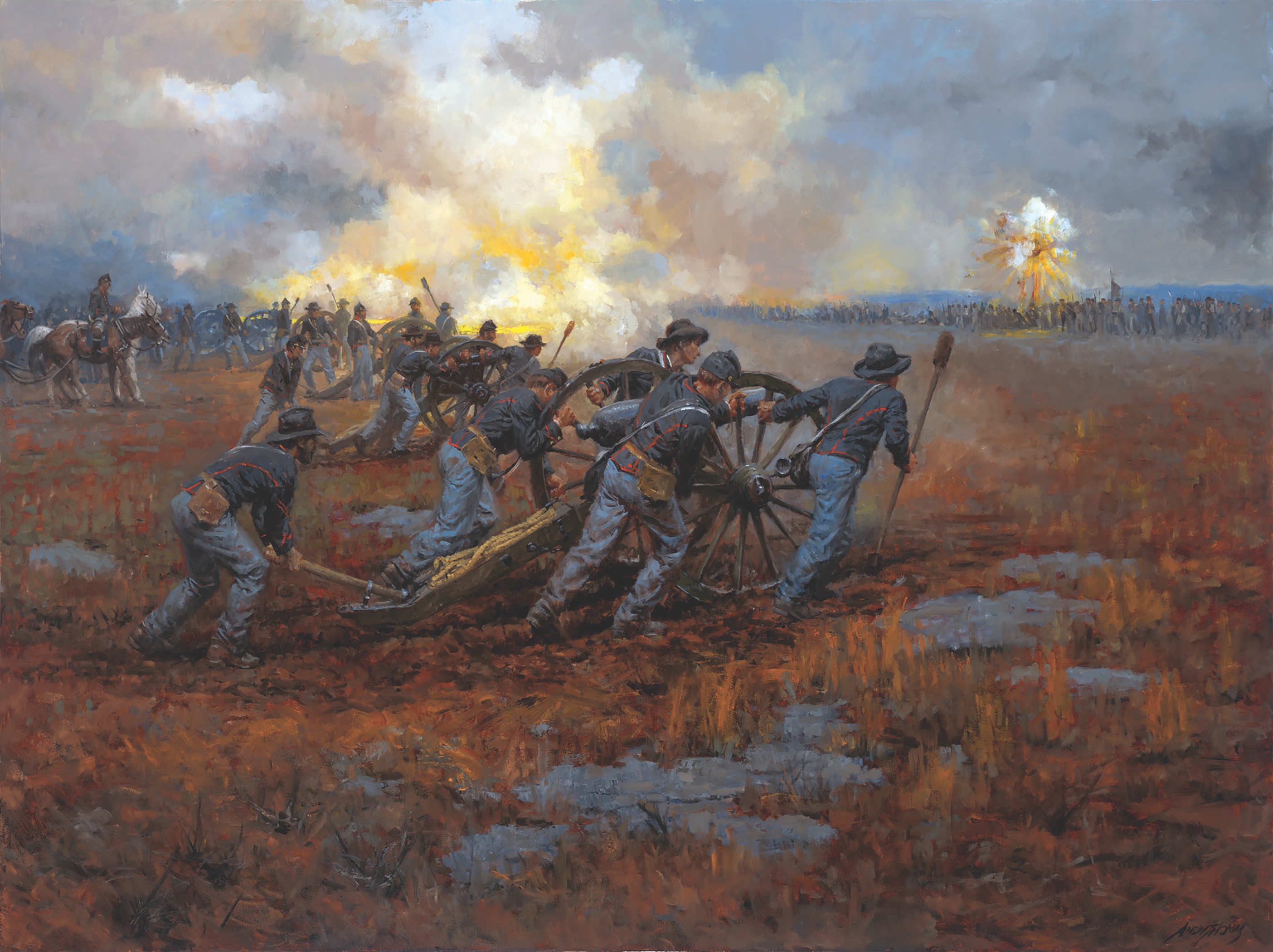 A crew of Parsons’ Regular Battery pushes their cannon into position on December 31, 1862. Two days later, the battery helped to derail the Confederate onslaught at McFadden’s Ford. (©”Parson's Batteries Heavily Engaged” by Andy Thomas)