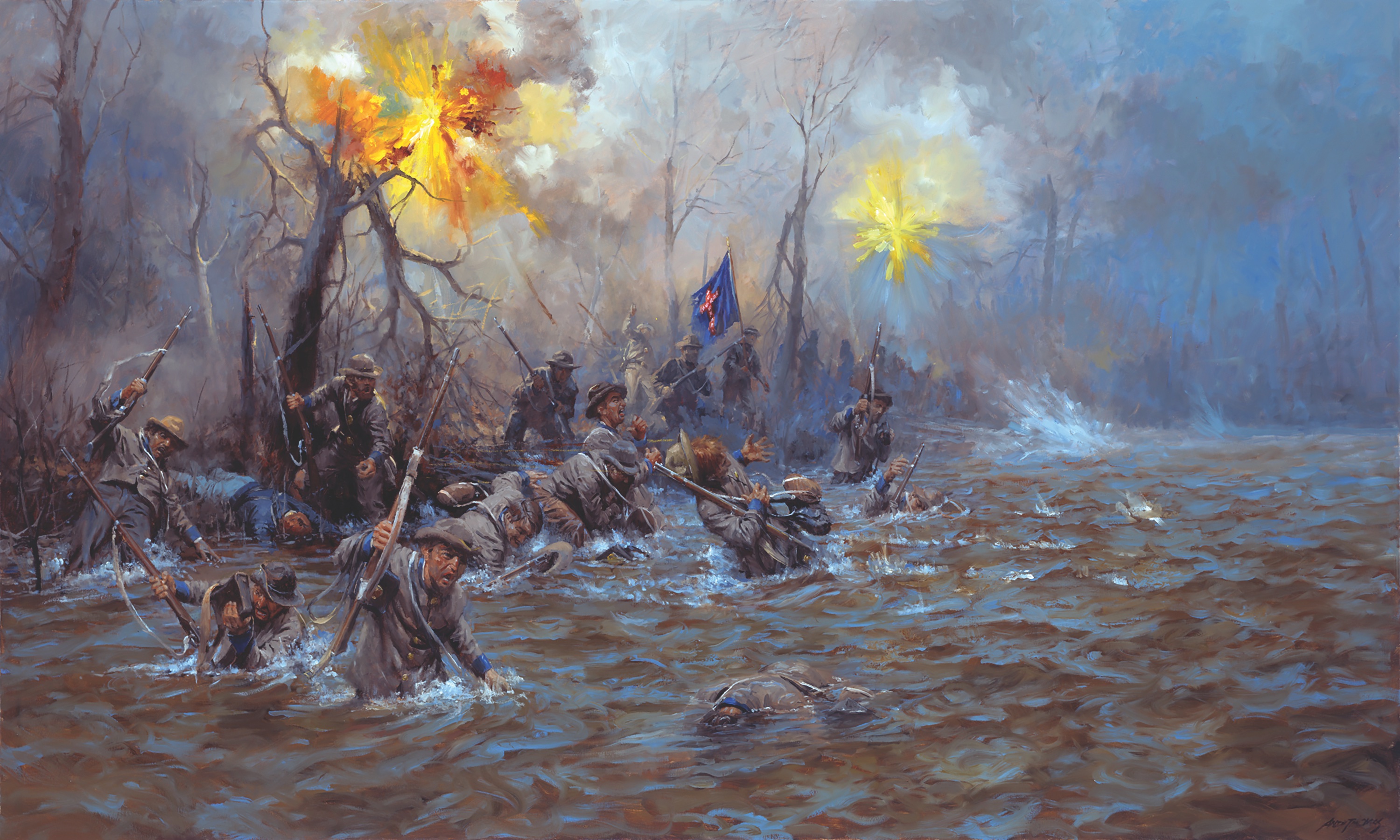This painting shows soldiers of the Kentucky Orphan Brigade struggling to cross Stones River. The brigade suffered 430 casualties out of 1,200 men on January 2. “My poor Orphan Brigade! They have cut it to pieces!” lamented Breckinridge. (© ”My Poor Orphans" by Andy Thomas)