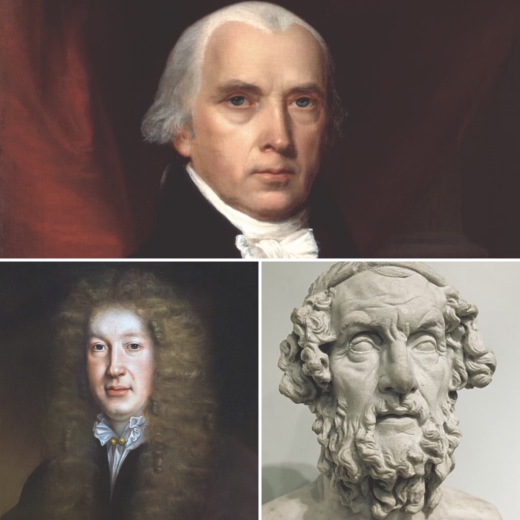 From clockwise: Madison, Homer, Dryden (White House Historical Association; Hulton Archive; Bildarchiv Preussischer Kulturbesitz)