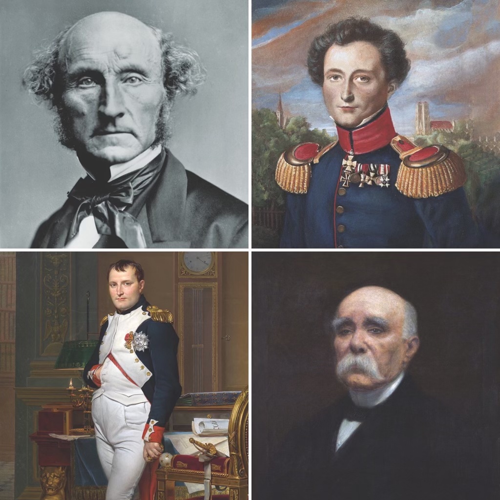 Clockwise from left: Mill, Clausewitz, Bonaparte, Clemenceau (National Gallery of Art, Smithsonian Institution; British Museum; Ian Dagnall Computing/Alamy Stock Photo; Maison De Georges Clemenceau)