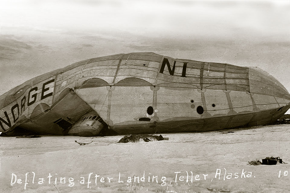 After landing in Teller, Alaska, the crew deflated Norge and crated up its salvageable parts. Many of Teller’s Inupiaq residents repurposed pieces of the airship’s silk hull to make clothes. (National Library of Norway)