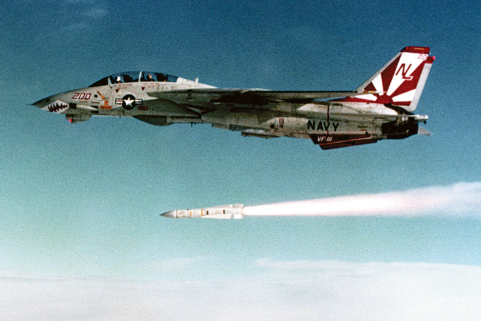 A Tomcat from the VF-111 “Sundowners” launches an AIM-54C. (U.S. Navy)