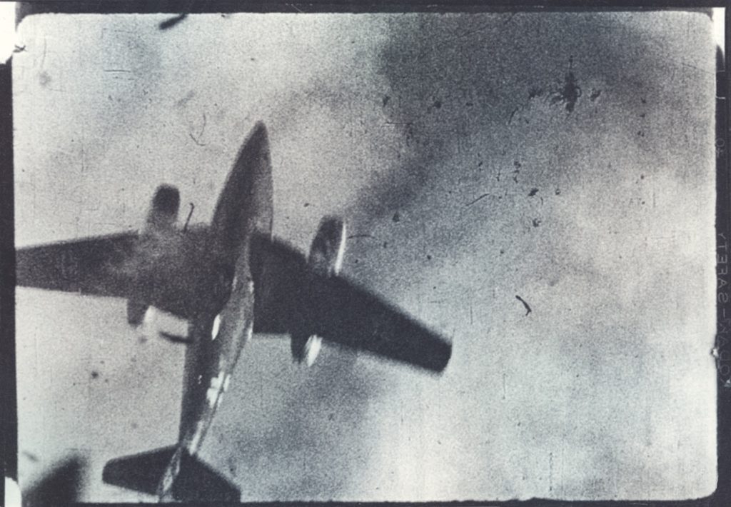 Lamb was one of the first to shoot down a German Me 262 jetfighter, like the one above, viewed from the gun camera of a P-51. (National Archives) 