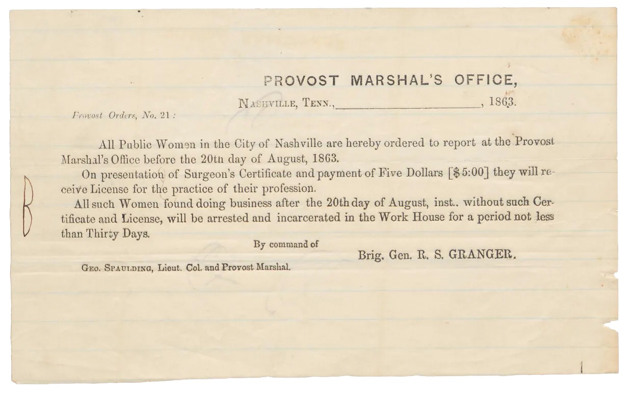 A copy of the order distributed by Granger and Spalding requiring prostitutes in Nashville to be licensed. (National Archives)