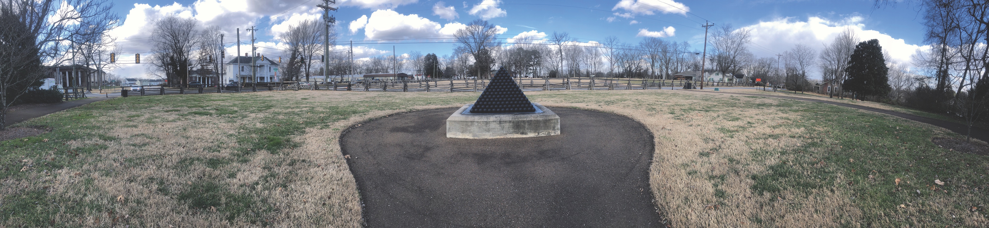 A cannonball pyramid marks the general location of Cleburne’s death at the Battle of Franklin. (John Banks)