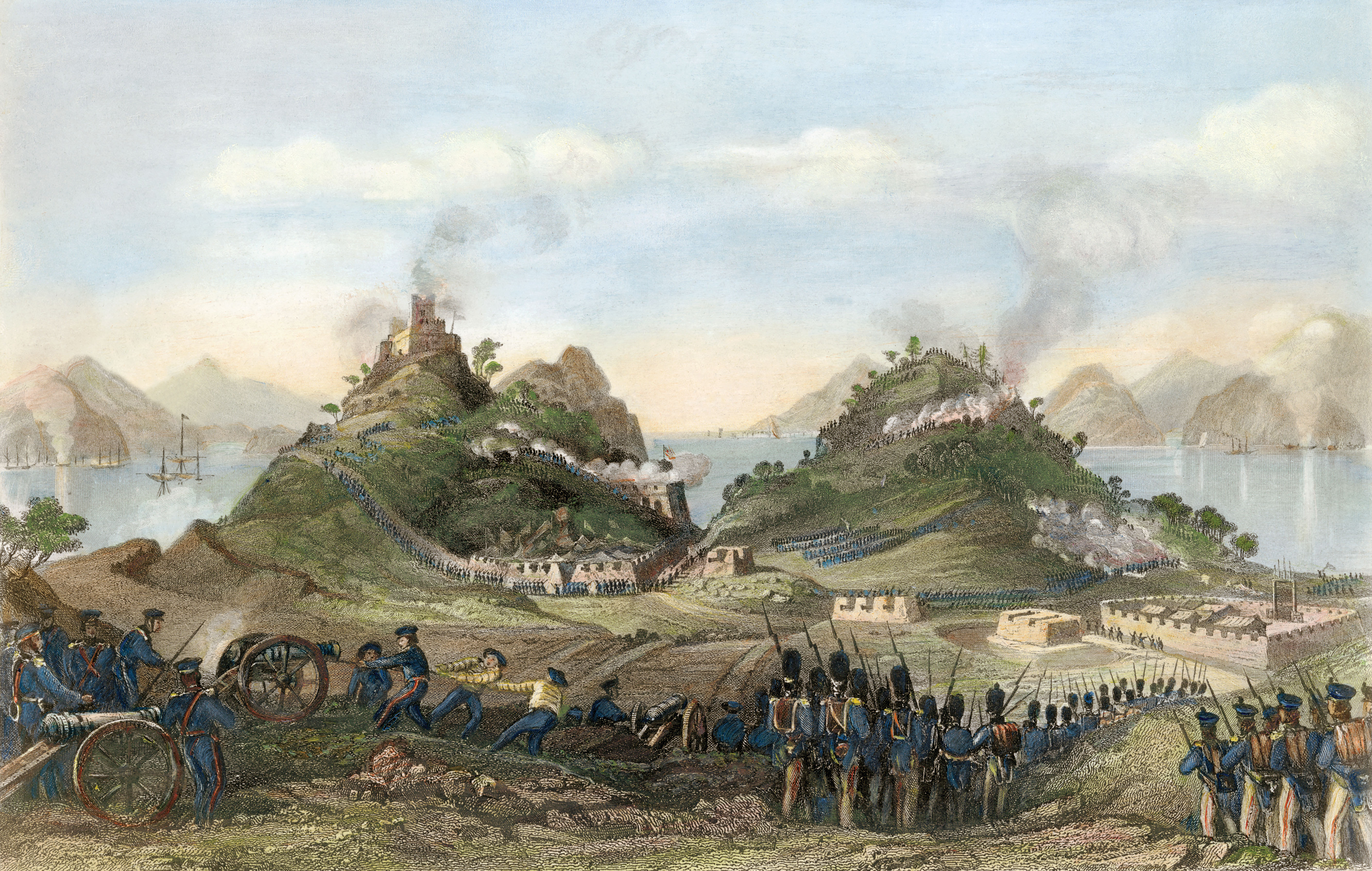 British troops advance against Chinese-held forts on Chuenpi and Taikoktow islands on Jan. 7, 1841, during the First Opium War. / Granger