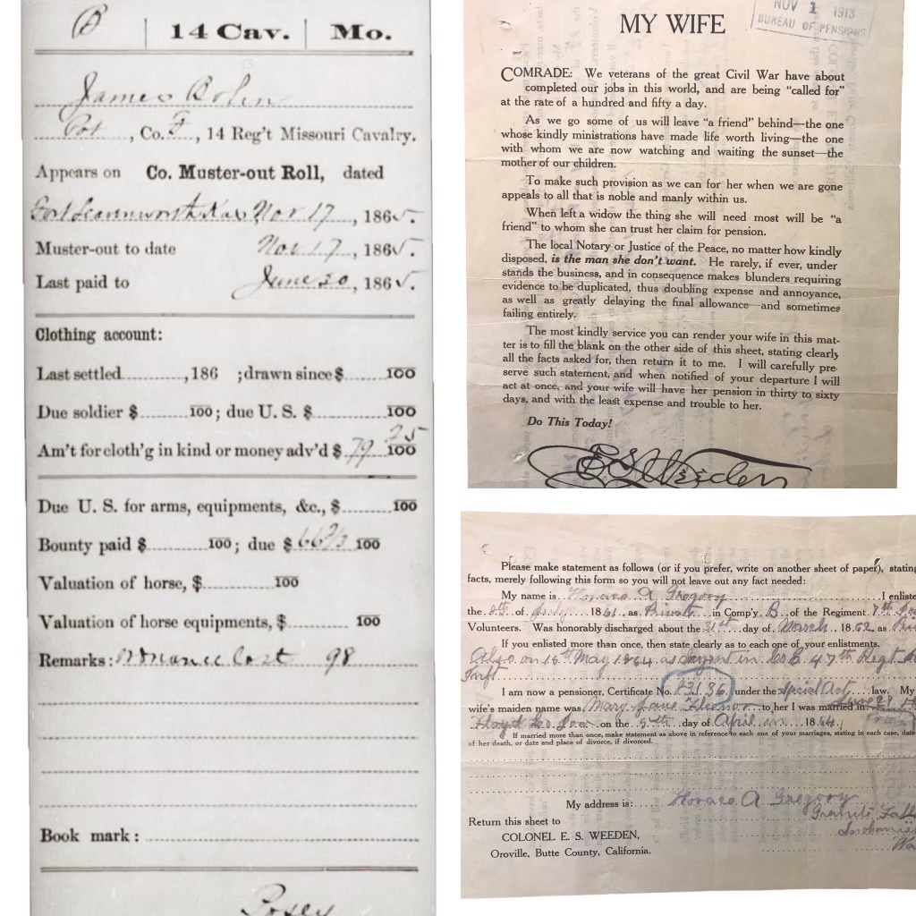 GAR posts implored their aging veteran members to leave behind an easily accessible record of their service dates, pension number, and other biographical details so that after passing, their wives could easily file for a widow’s pension. Many of these documents, and soldiers’ service records such as Bolin’s pictured above left, are held today at the National Archives.