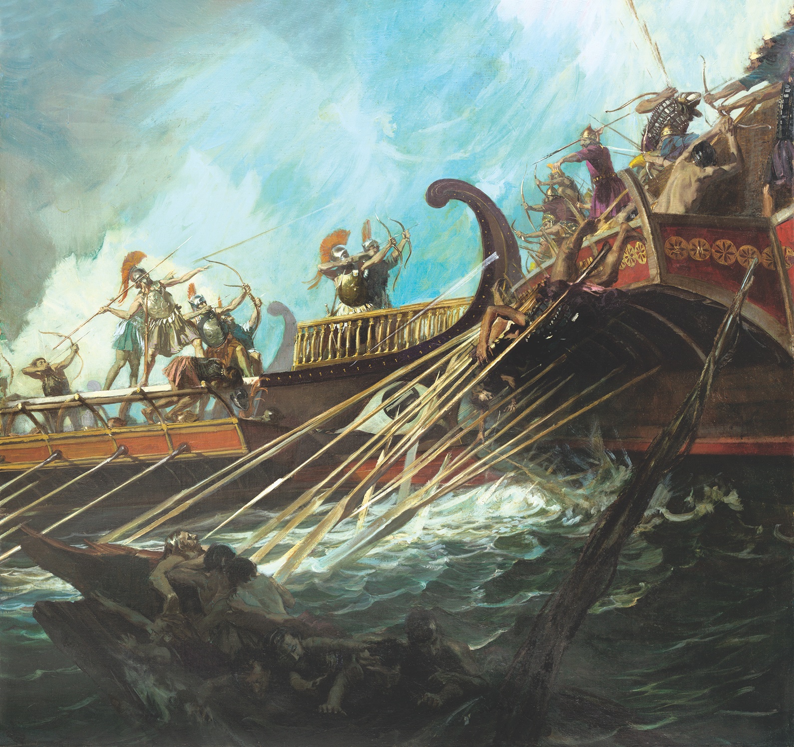 In 480 bce, on the heels of their defeat at Thermopylae, the Greeks brought the war to an end with an improbable naval victory in the Battle of Salamis. (Silverfish Press/National Geographic Image Collection/ Bridgeman Images) 